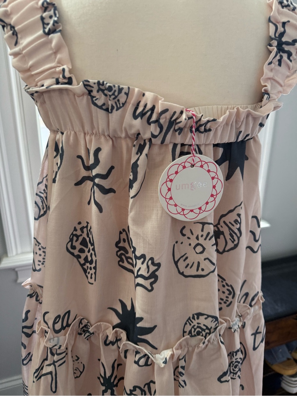 Umgee Beige Mini Dress with Navy Shell Print Vacation Pattern Lined Sz Med BNWT - Picture 8 of 11